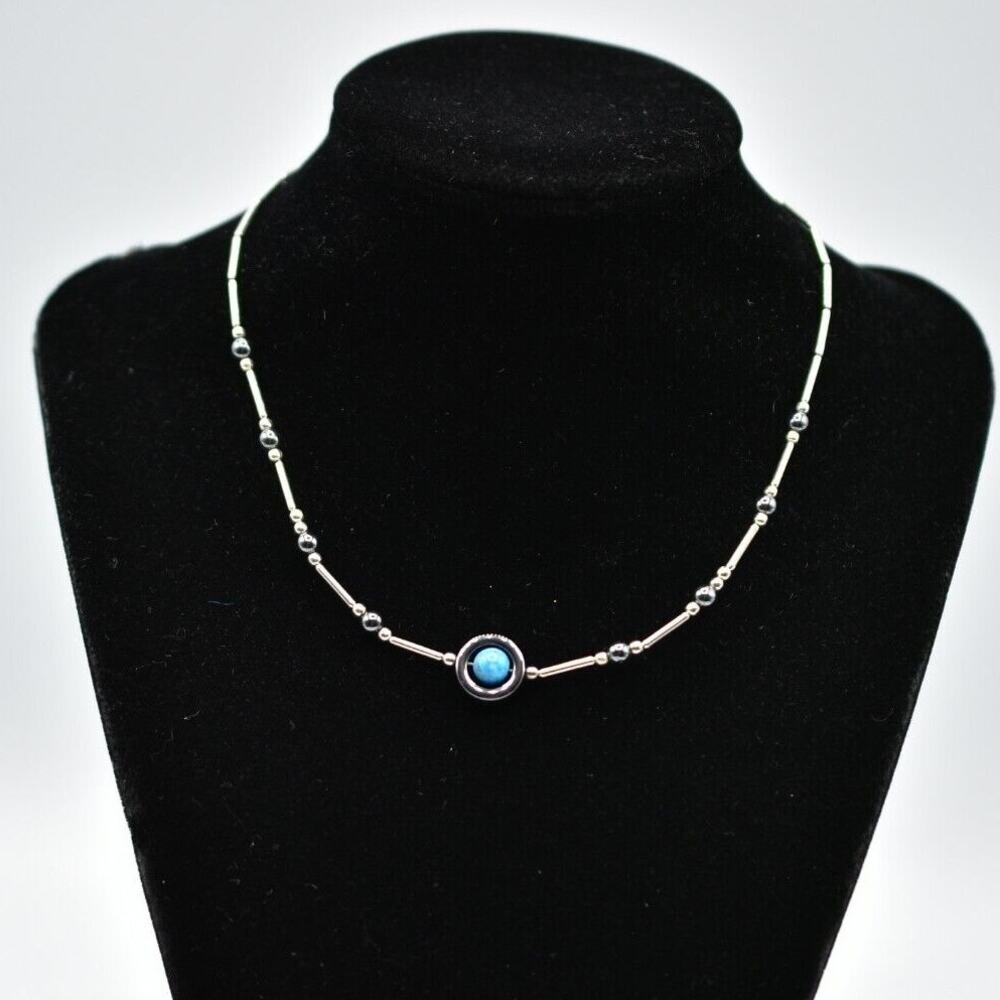 Vintage Elegant Silver Beaded Collar Necklace Gray Cabochon Stone Tribal BinA
